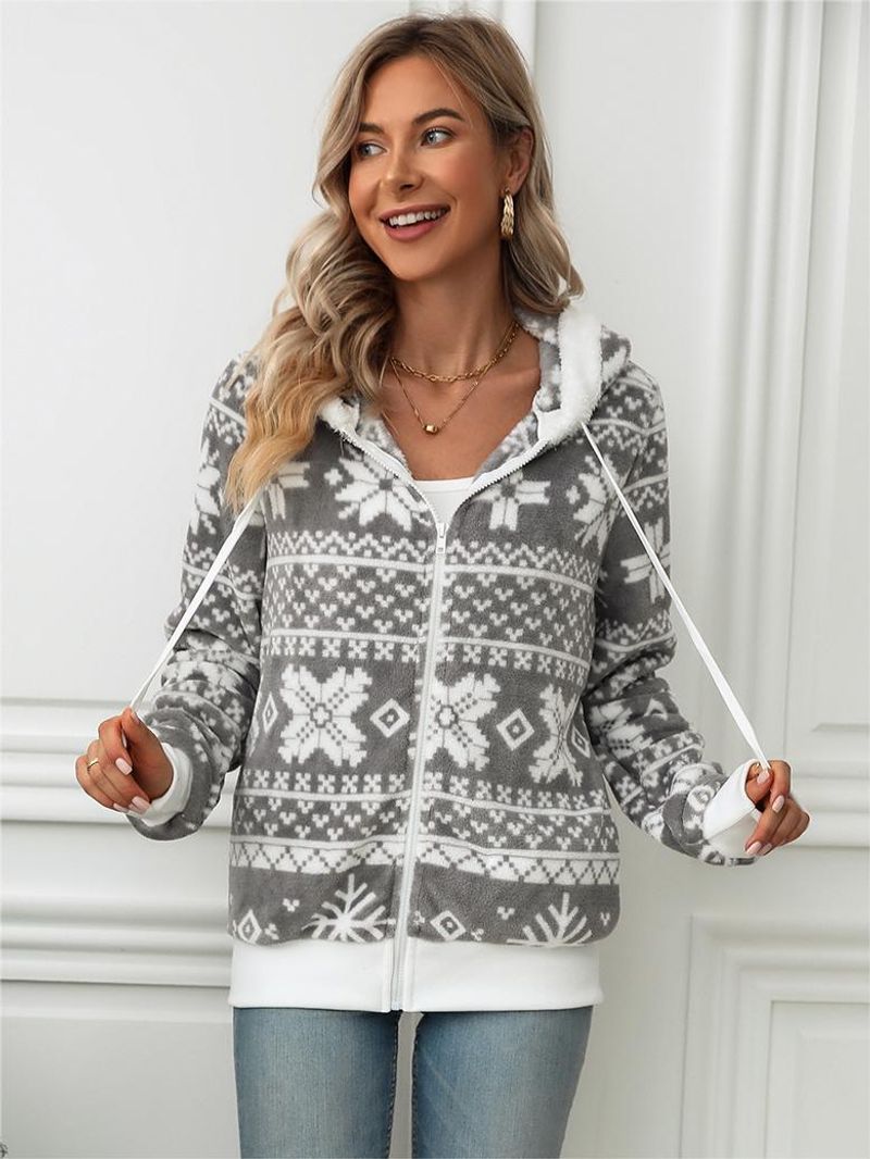 Nuovo cardigan con cappuccio autunno e inverno da donna Cappotto in peluche stampato con vento natalizio_voghion.com