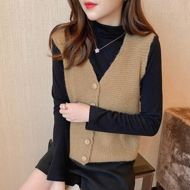 Nouveau gilet tricoté petit débardeur femme col en V ample court style occidental printemps et automne mode épaule_voghion.com