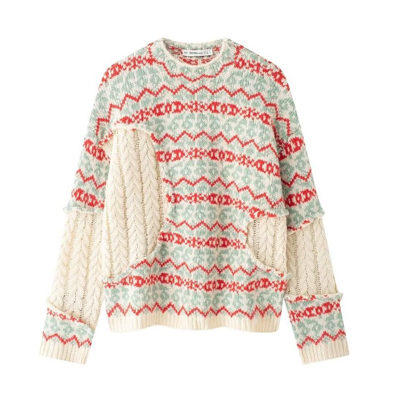 Dames 2024 Herfst/Winter Nieuwe Street Fashion Ronde Hals Splicing Jacquard Gebreid Shirt_voghion.com