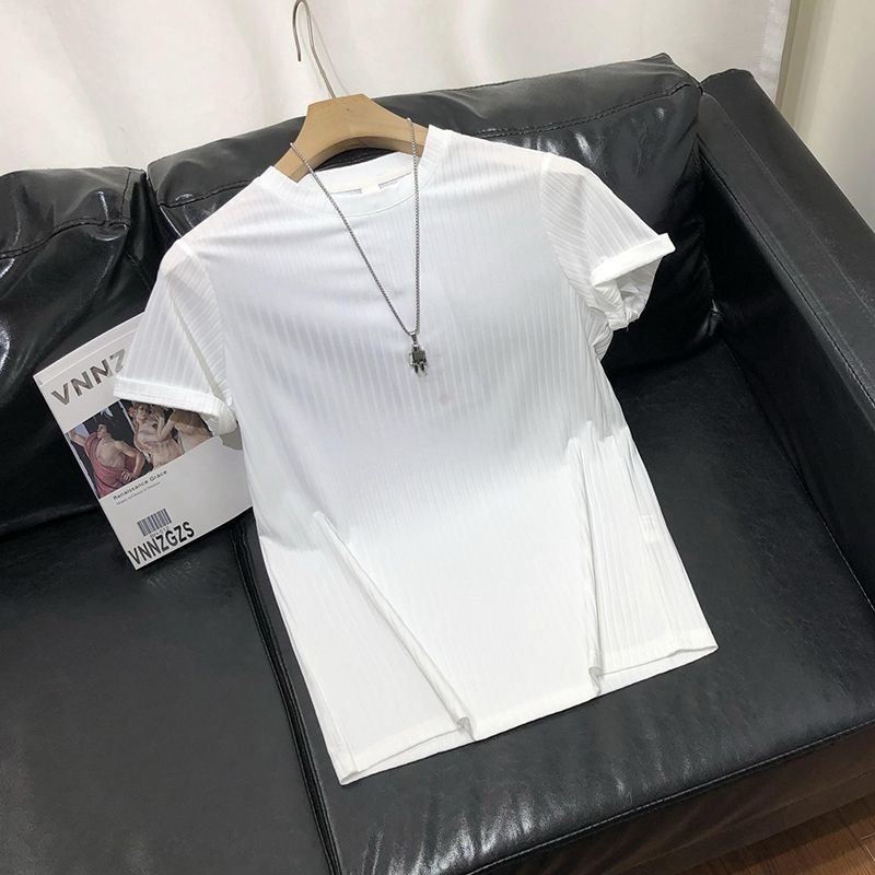Maglietta a maniche corte in seta ghiacciata jacquard a righe da uomo, estiva, slim, scollo rotondo, maniche corte, fresca, setosa e ad asciugatura rapida._voghion.com
