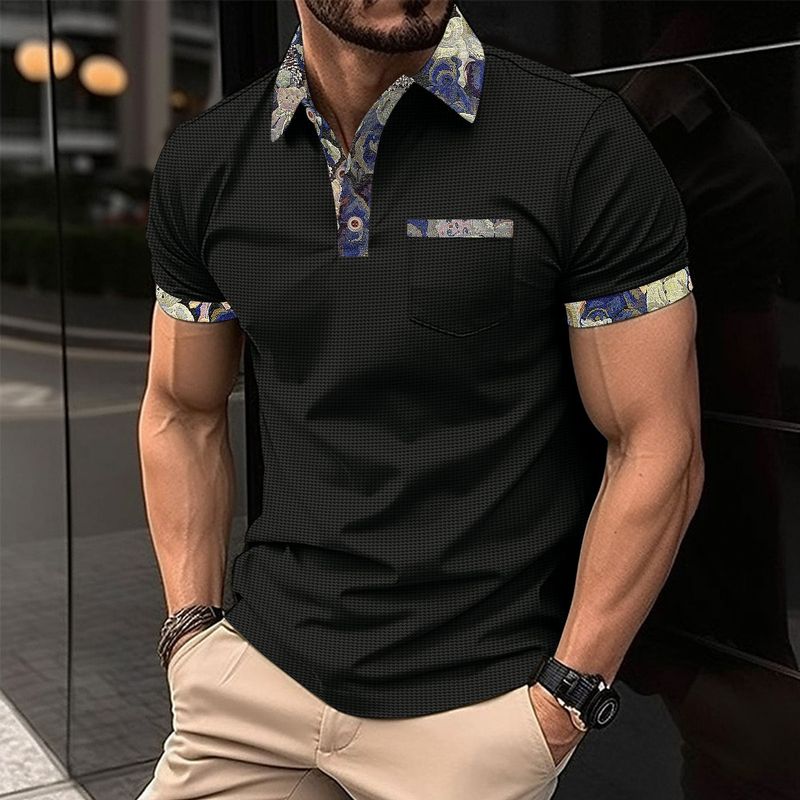 Męska odzież 2024 lato nowa młodzieżowa wafelkowa dopasowana kolorystycznie kieszeń krótki rękaw casualowa koszulka T-shirt_voghion.com