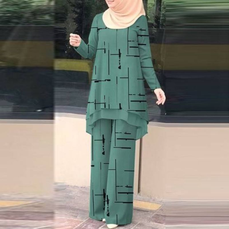 Muslim Daily Double-layer Vertical Stripe Printed Chiffon Elastic Waist Suit_voghion.com