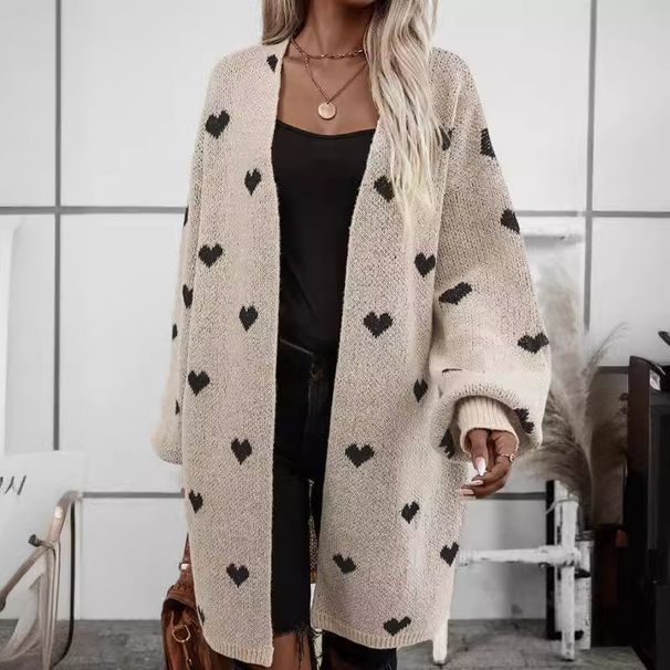 Langärmliger Jacquard-Strickcardigan mit Herzmotiv – Übergroßer Pullover mit V-Ausschnitt und offener Vorderseite in Beige | Boho Chic & Casual (S-XL)_voghion.com