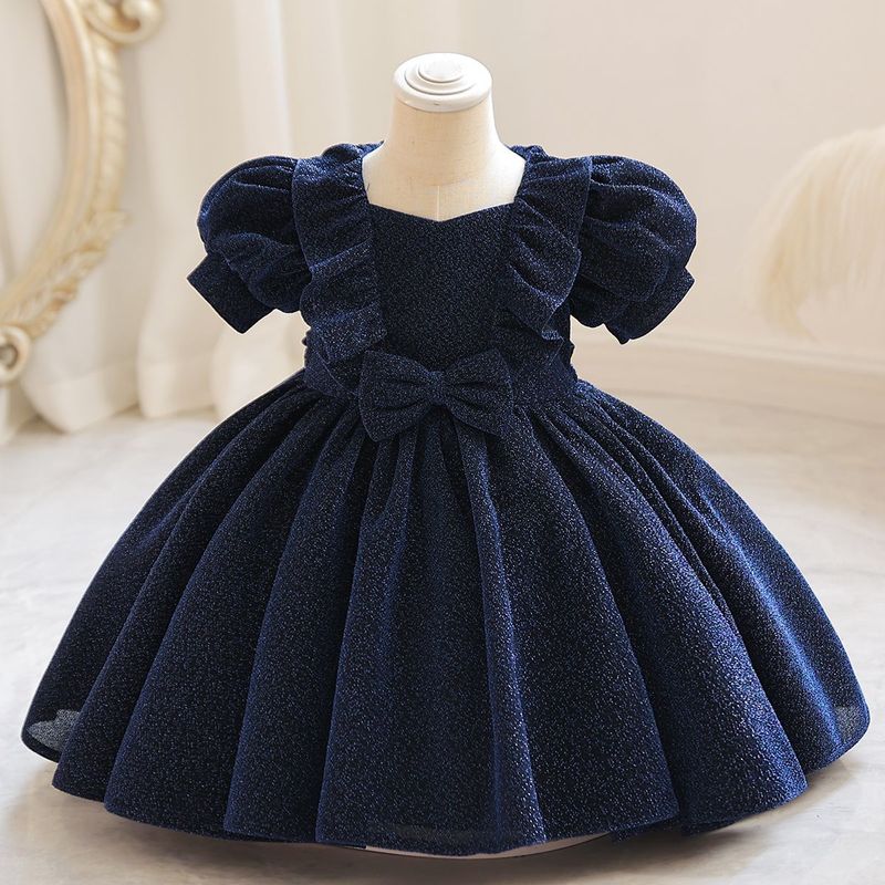 Rochie de seară pentru fete, rochie pufoasă cu fundă în culori solide, cu flori pentru copii_voghion.com
