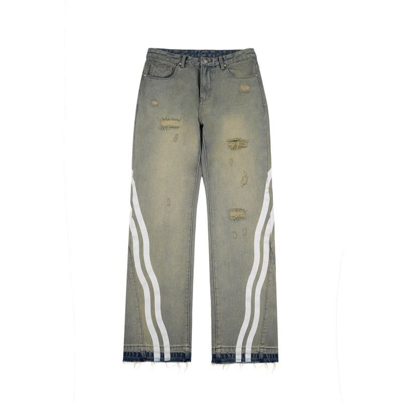 Jean vintage délavé et vieilli pour homme, coupe bootcut à double effet ondulé - Jean droit classique sans stretch pour une tenue décontractée_voghion.com