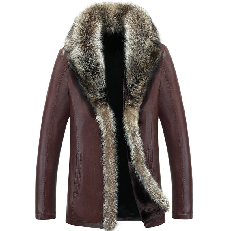 ​​Herren Premium Waschbärfell gefütterter Ledermantel, Mittellange Winterjacke mit dickem Fellkragen, Klassisch Schwarz/Rotbraun, Gerader Schnitt Fürs Business_voghion.com