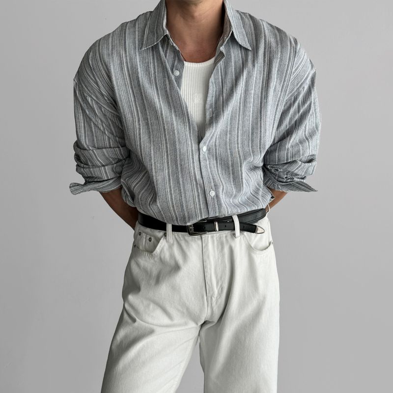 Chemise à manches longues en lin rayé pour homme, printemps-été, coupe décontractée, sans repassage, bleu, légère et résistante au soleil_voghion.com