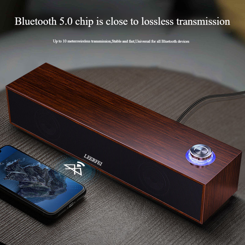 E350MB Kabelgebundener und Bluetooth-Multimedia-Lautsprecher – Desktop-Soundbar aus Holz mit tiefem Bass, kompatibel mit PC/Laptop, langer LED-Streifen_voghion.com