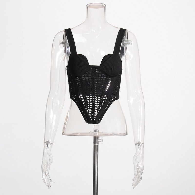 Abbigliamento da donna temperamento sexy gilet a spina di pesce cava estate scollo a V senza maniche uncinetto lavorato a maglia top interno_voghion.com