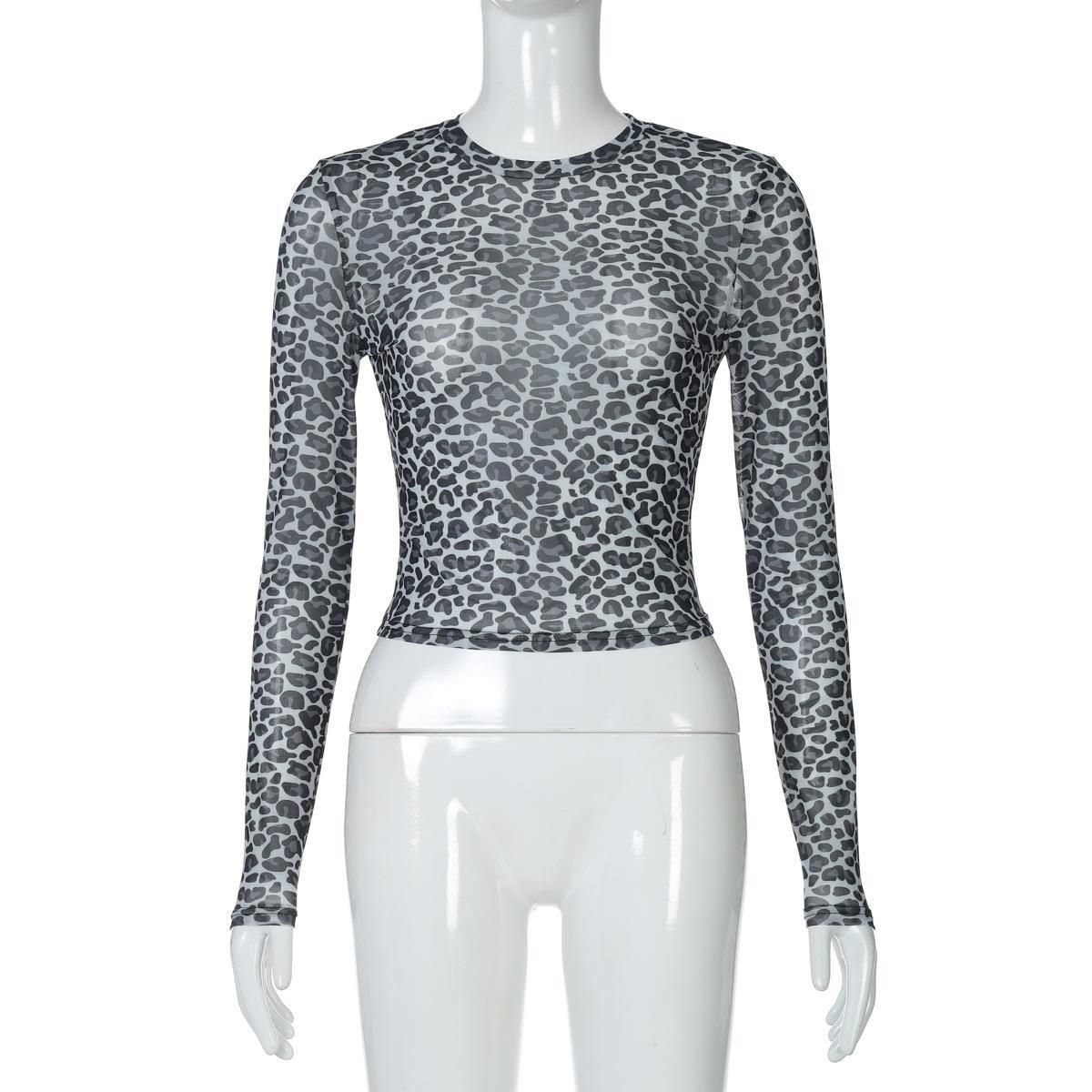 Maglietta estiva da donna con scollo rotondo, stampa leopardata, maniche lunghe e trasparenti in rete_voghion.com