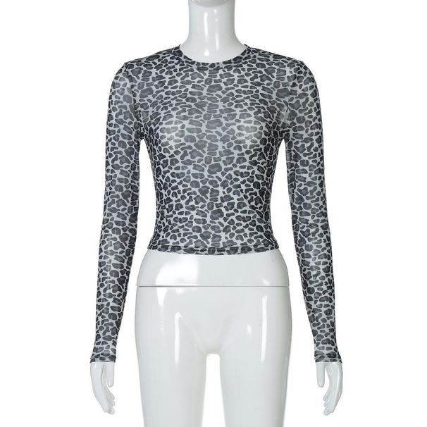 Maglietta estiva da donna con scollo rotondo, stampa leopardata, maniche lunghe e trasparenti in rete_voghion.com