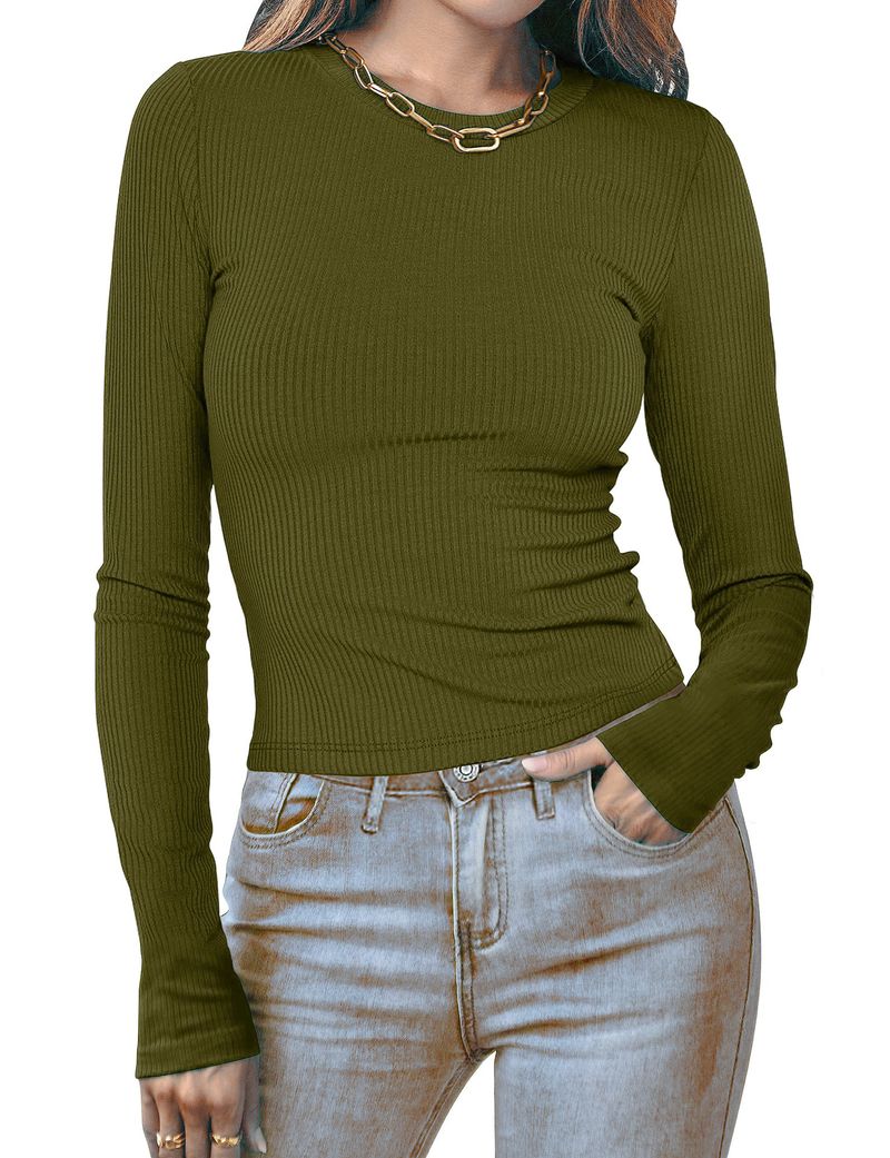 T-shirt à manches longues et col rond pour femme, haut court à rayures et couleur unie, style européen et américain_voghion.com