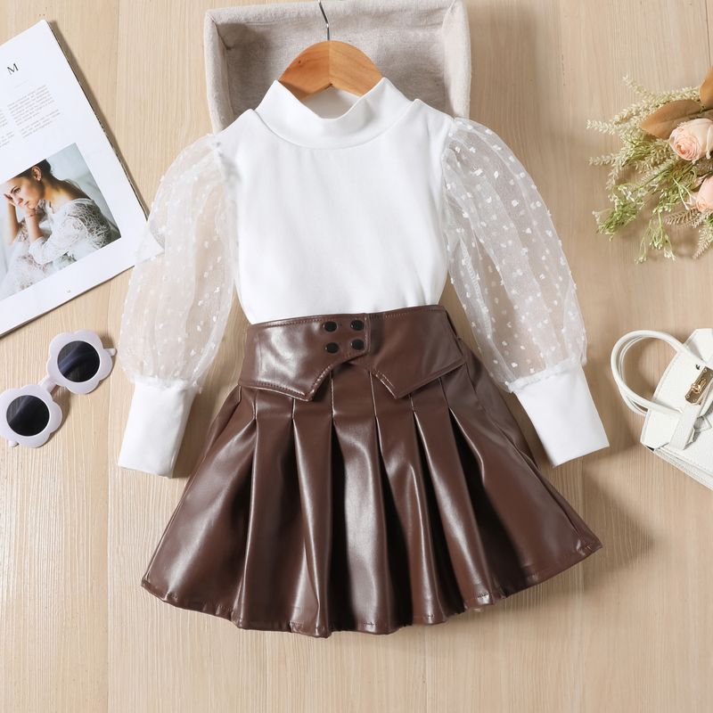Children's clothing Girls two color polka dot lace leg of lamb sleeve pu leather fake waist skirt fashion suit_voghion.com