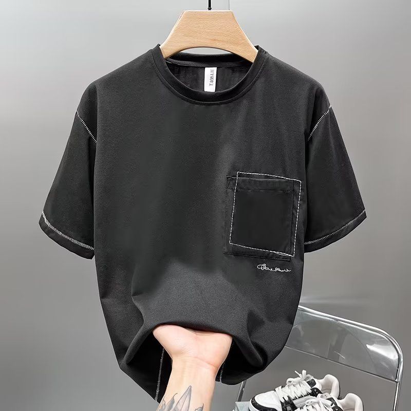 Men's Clothing Summer new embroidery design round neck T shirt men's loose casual half sleeve personality fashion solid color short sleeved top_voghion.com