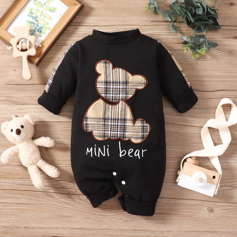 Kids’ Clothing Newborn Baby Boy Spring And Autumn Plaid Patch Bear Long Sleeved Openable One Piece Rompers_voghion.com