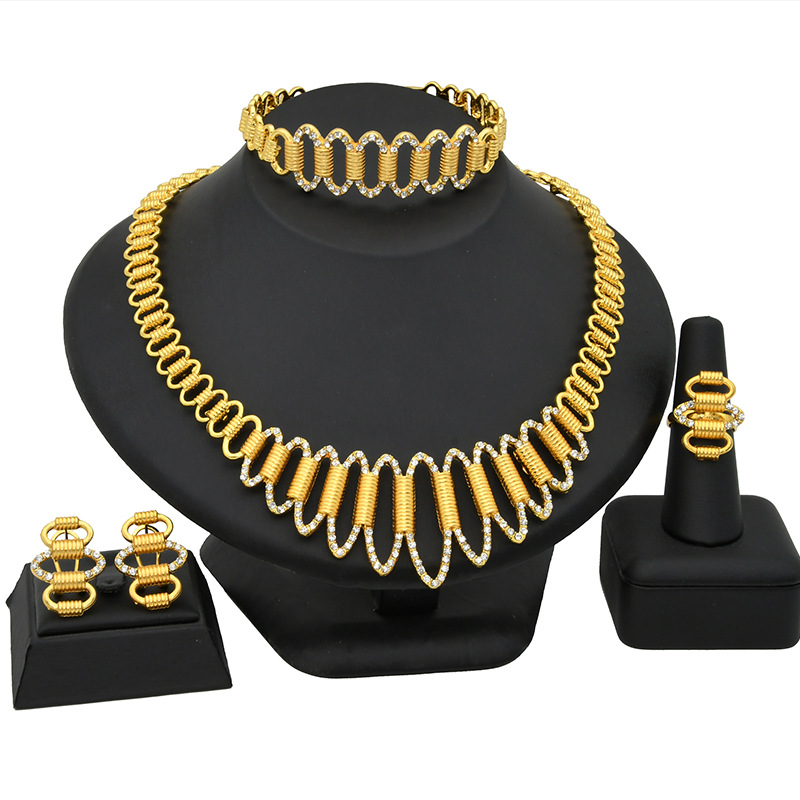 Gold-plated bride Wedding necklace Earrings Ring Bracelet Women's jewelry set women's_voghion.com