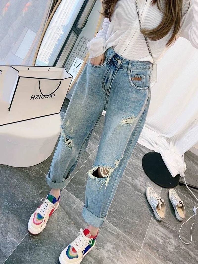 Högmidjade jeans med brutna hål för kvinnor 2024, nya päronformade, lösa och smalnande Harlan-byxor med kort passform._voghion.com