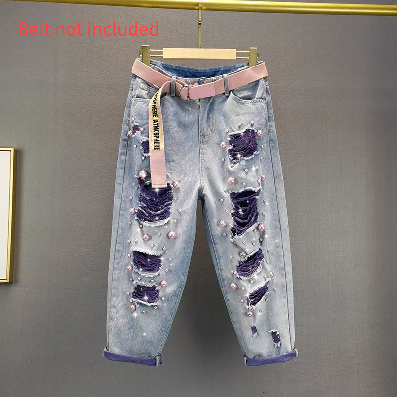 Pantalones vaqueros de cintura alta holgados para mujer, estilo industrial pesado, con agujeros rasgados y perlados, de moda para mujer (cinturón no incluido)_voghion.com