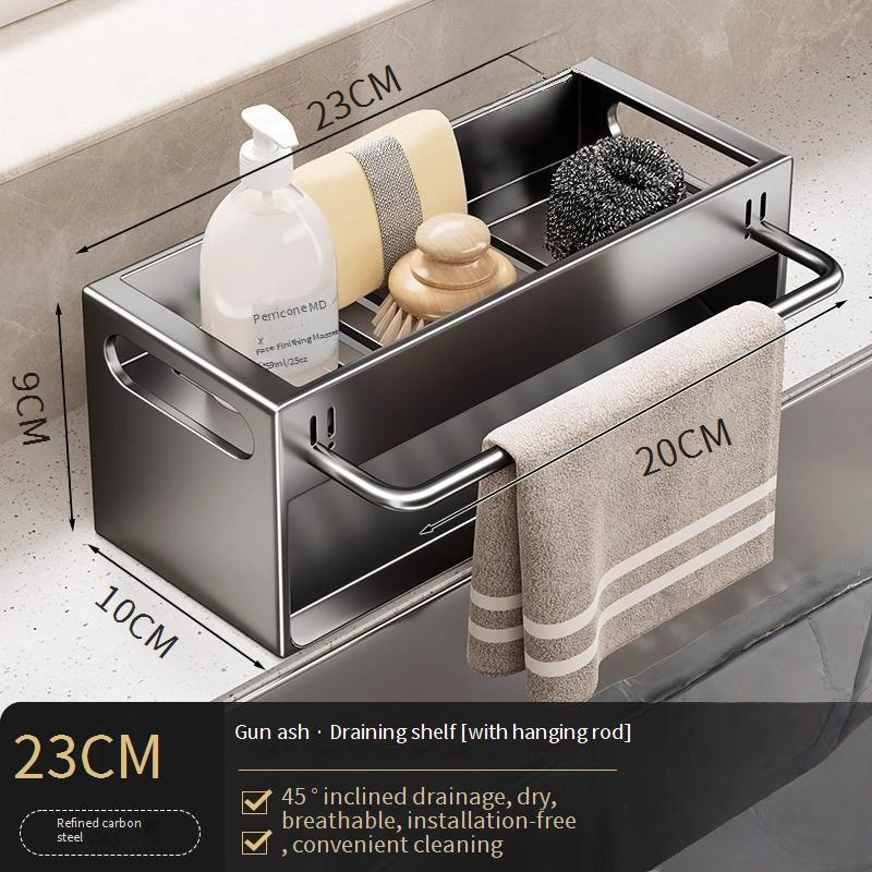 Multifunctional Kitchen Sink Drainer Rack With Towel Bar, Space-Saving Dish Drying Rack, Sturdy Carbon Steel, Modern Design_voghion.com