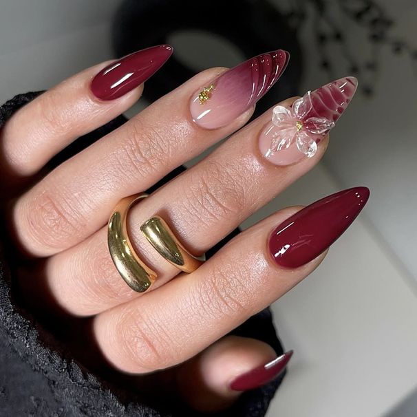 Autumn Winter New Long Pointed Wearable Nails Red Gradient Crocodile Pattern 3D Flowers Gold Steel Beads Luxurious 30_voghion.com