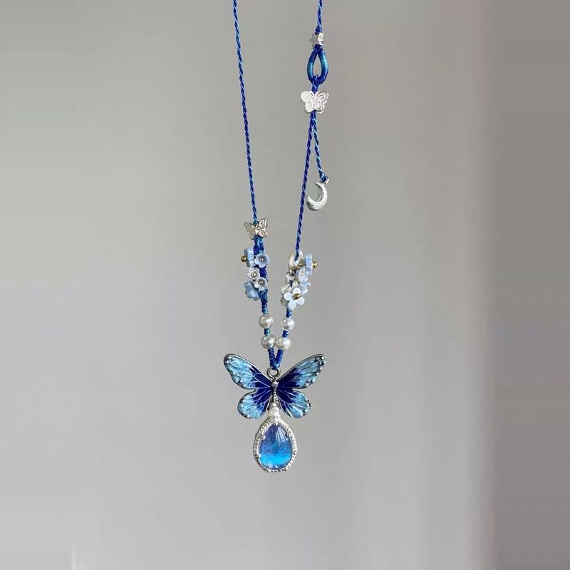 Collana con ciondolo a goccia d'acqua blu, farfalla in fiore, 2024, nuova, personalizzata, semplice e versatile_voghion.com