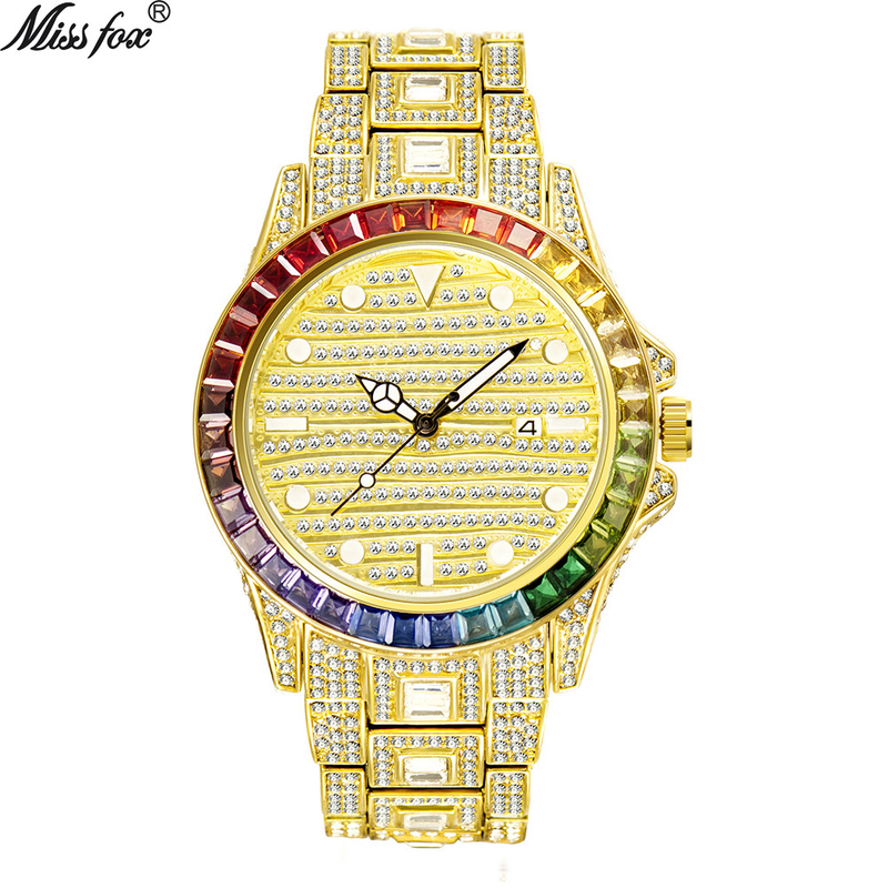 MISSFOX Watch Popular Fashion High-end Gradual Change Rainbow Drill Full Diamond Waterproof Men's Quartz Watch_voghion.com