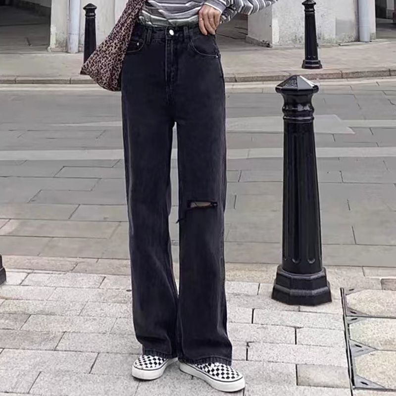 Plus Size American Street Style Printed Newspaper Jeans For Women Summer High Waist Slimming Straight Loose Wide Leg_voghion.com