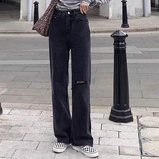 Plus Size American Street Style Printed Newspaper Jeans For Women Summer High Waist Slimming Straight Loose Wide Leg_voghion.com