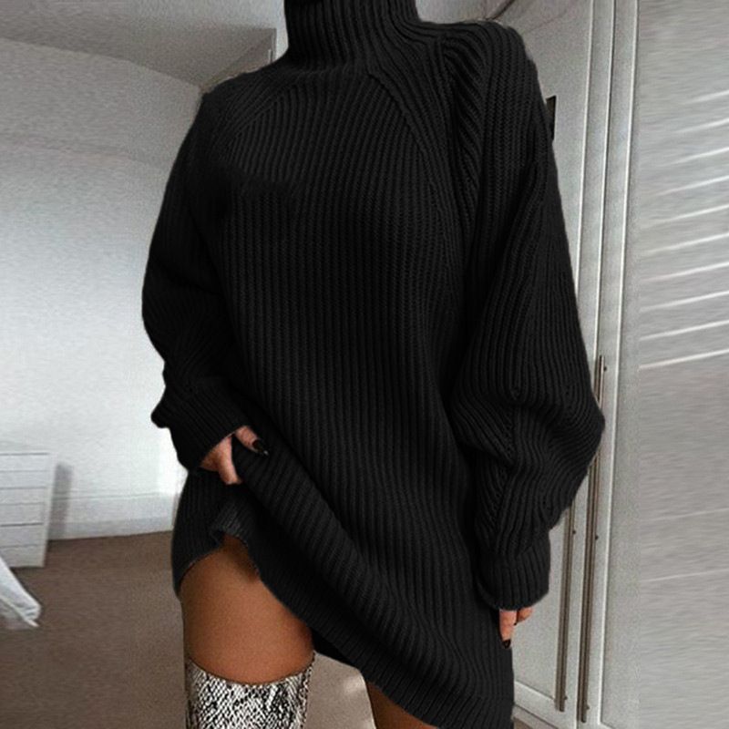 Women's Clothing Autumn And Winter New Sweater Solid Color Medium And Long Raglan Sleeve Half Turtleneck Sweater Dress For Women_voghion.com