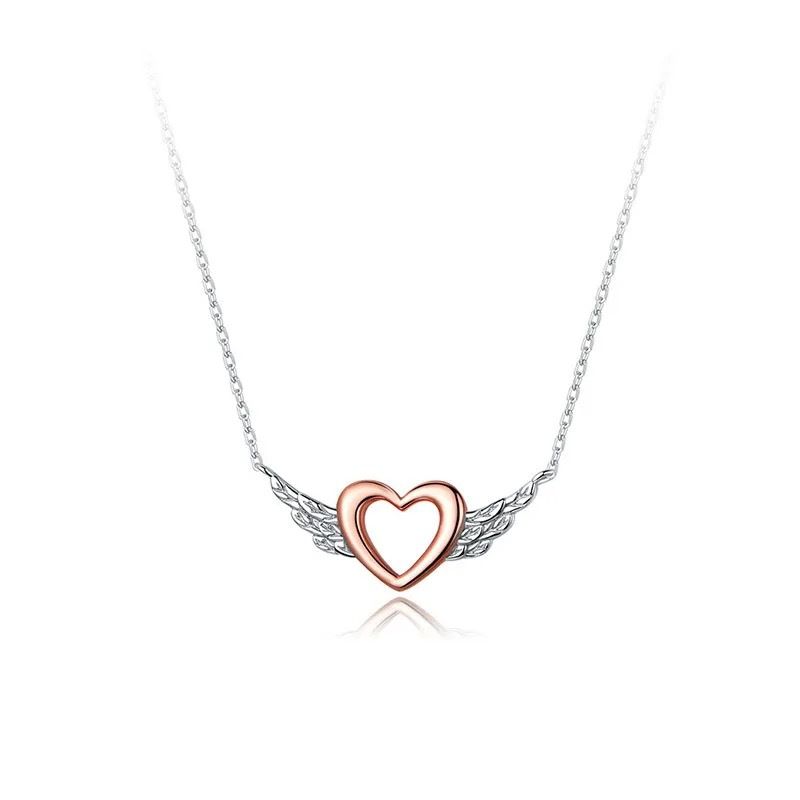 Collana bicolore con ali d'angelo cave a forma di cuore semplice e alla moda in argento_voghion.com
