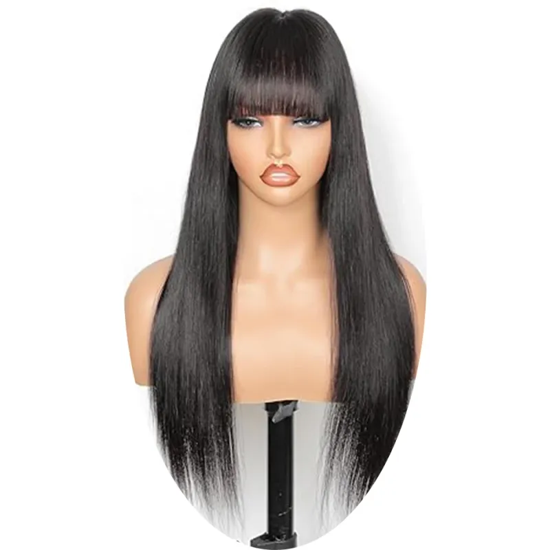 Parrucche di capelli umani lisci con frangia colore naturale completamente realizzate a macchina brasiliane Remy per le donne_voghion.com