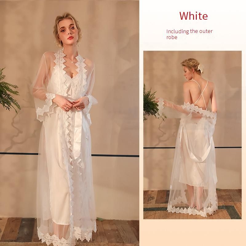Women's Sleepwears Pajamas Suspenders Nightgown Robe Two Piece Suit Water Soluble Flower Mesh Lace Splicing Long Home Clothes_voghion.com