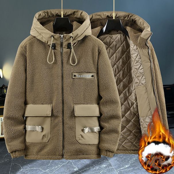 Sherpa-Lined Jacket For Men – Heavyweight Polyester Shell | Fleece Interior | Oversized Utility Pockets | Winter-Ready (M-5XL) In Black/Coffee_voghion.com