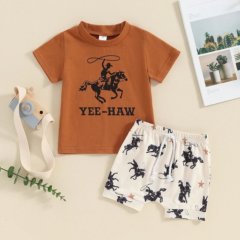 Kid's Clothing 2024 New Baby Boys Character Horse Riding Letters Short Sleeve T-shirt Top + Casual Shorts Set Two-piece Set_voghion.com