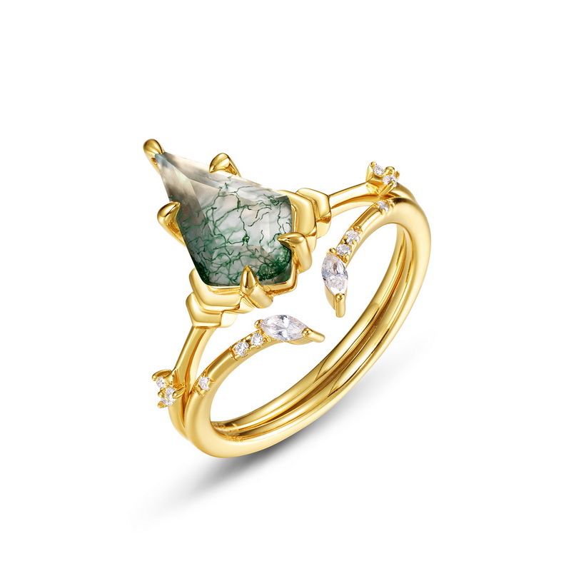 nuovo Anello geometrico in agata naturale con erba d'acqua S925 in argento intarsiato a forma di aquilone Anello impilabile in muschio verde Moda_voghion.com