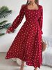 2025 herbst Winter Casual Rüschen Square Neck Polka Dot Ausgestelltes Langes Kleid Frauen_voghion.com