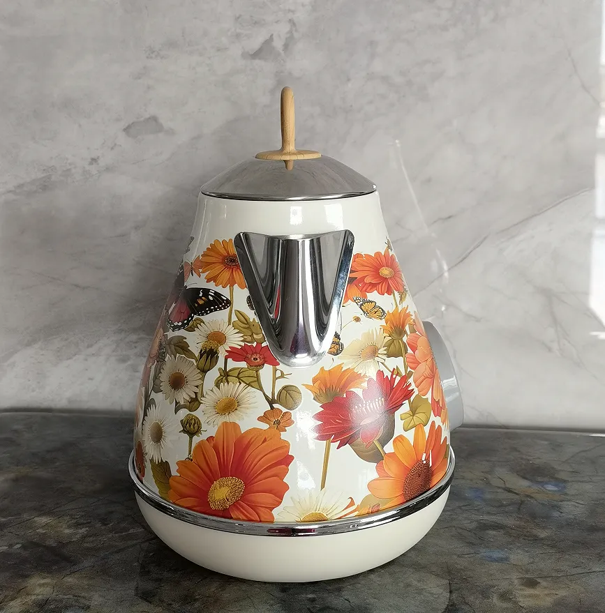 PS3013Ta Flower ūdenszīme krāsota elektriskā tējkanna retro instrumenta termometrs elektriskā tējkannas snīpis var pievienot ūdeni 1850W, lai ātri uzvārītu_voghion.com