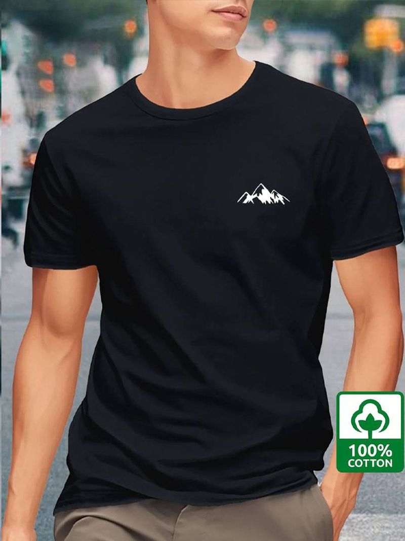 Men's 100% Cotton Mountain Graphic Print T-shirt, Casual Short Sleeve Crew Neck Tee, Men's Clothing For Summer Outdoor_voghion.com