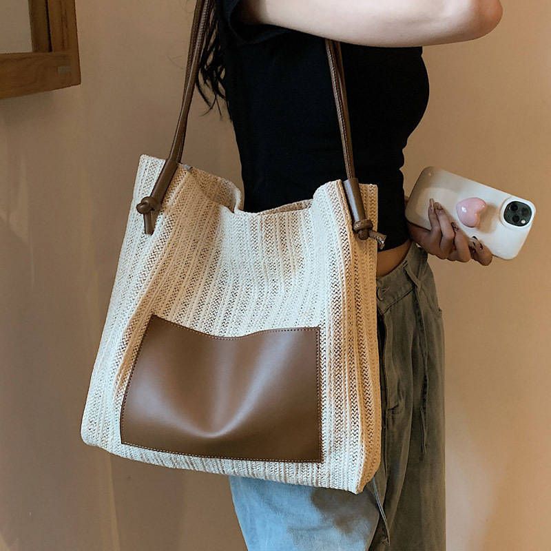 Ins Retro gewebte Einkaufstasche im Urlaubsstil, Strohtasche, Umhängetasche, große Kapazität, Einkaufstasche, Strandtasche, Muttertasche_voghion.com