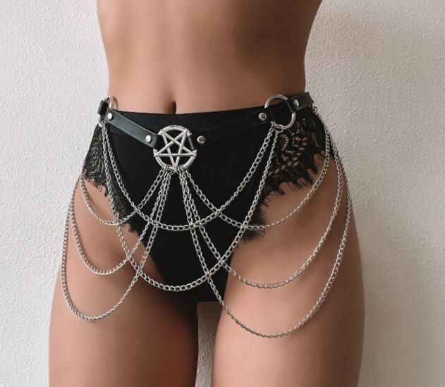 Fünfzackiger Stern Leder Sexy Körperkette Mehrschichtiger Kreuz Hohlquastengürtel TD-041_voghion.com