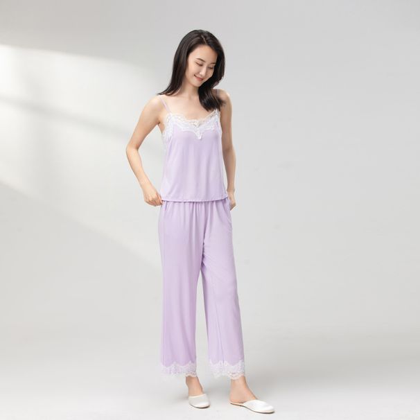 With Chest Pad Pajamas Women's Four Seasons Modal Sling suit Spring and Summer New Style Lace Pure Style Sexy Home Clothes_voghion.com