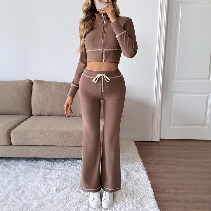 Women's Cropped Track Set - Ribbed Velvet Lounge Two-Piece For Streetwear Style (Mocha, S-XL)_voghion.com
