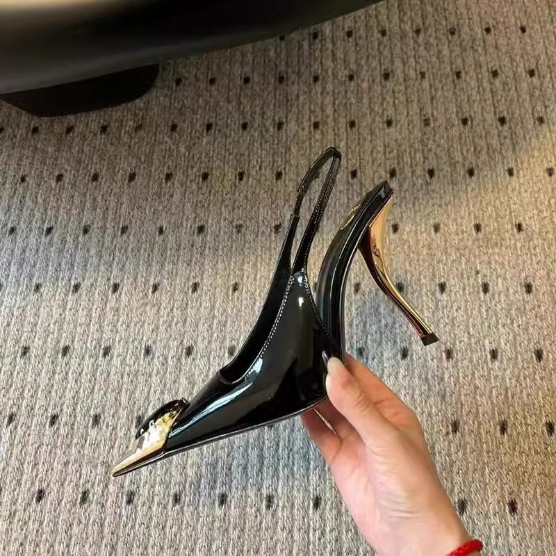 Jewel Square Toe Stiletto Patent Leather High Heels Women's Retro Belt Buckle All-match Shallow Top Single-layer Shoes_voghion.com