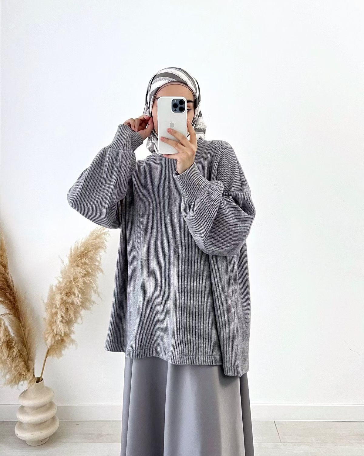 2025 muslimischen frauen Kleidung Lazy Grau Pullover Stricken Top Mit Ausgestelltes Rock Set Mode_voghion.com