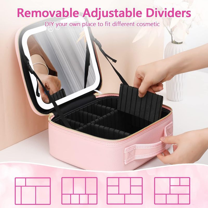 Makeup Travel Bag With LED Lighted Mirror Adjustable Brightness Portable Waterproof With Adjustable Dividers, Make Up Case, Brush Accessories_voghion.com
