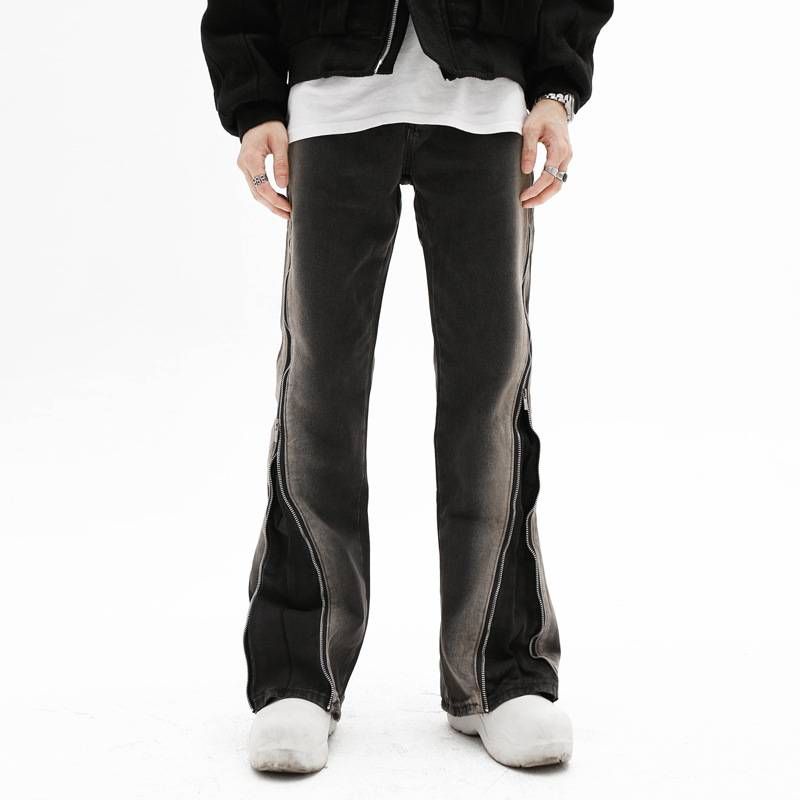 Pantalones vaqueros rectos con cremallera y diseño desgastado retro para hombre, tendencia informal, con aberturas, para calle, venta al por mayor_voghion.com