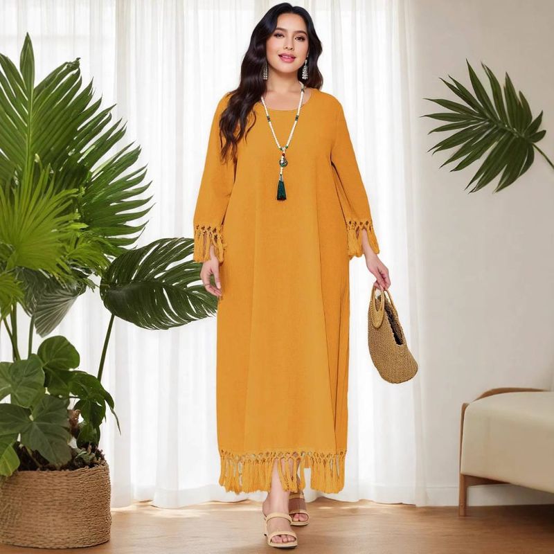 Women's Clothing Hand Hook Stitching Long Tassel Beach Maxi Dress Loose Blouse Large Size Dress_voghion.com