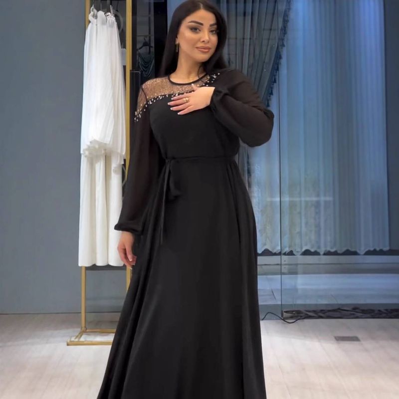 Robe longue élégante brodée à manches longues pour femme, mode islamique modeste avec un design d'inspiration arabe turque, ligne A, fluide, abaya_voghion.com