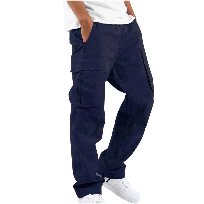 Pantalon cargo pour homme avec cordon de serrage à la taille et poches multiples - Pantalon de travail décontracté à jambe droite en kaki, gris, vert, bleu marine et vert clair_voghion.com