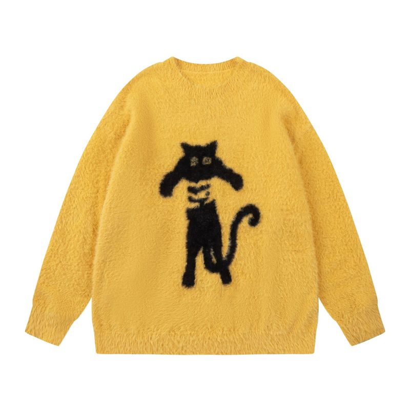 Maglione casual retrò da uomo con gatto, stile college, pullover largo, coppia, girocollo_voghion.com